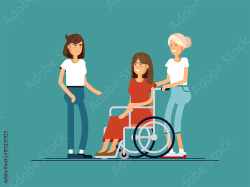 Group of happy young woman communicate with each other. Caring for the disabled people concept.