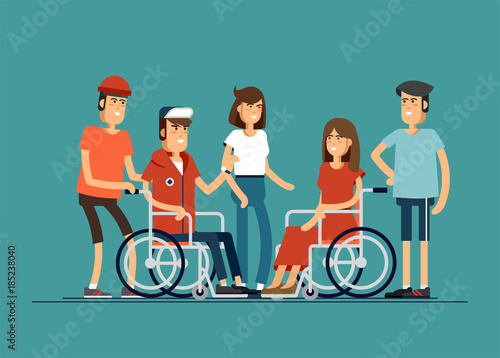 Group of happy young people communicate with each other. Caring for the disabled people concept. Vector iilustration