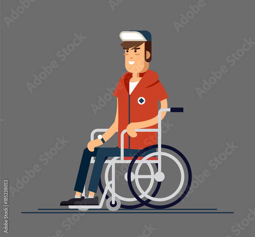 Young beautiful man sitting in wheelchair, cartoon vector flat illustration. Happy man sitting in wheelchair, living with disability