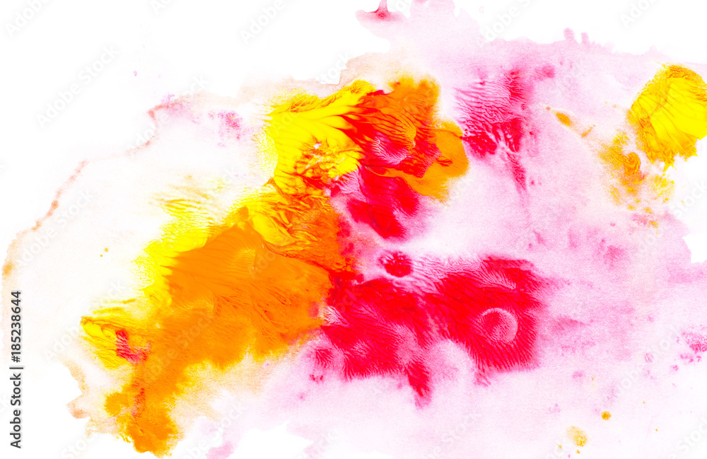 Abstract painting with bright colorful watercolor paint blots on white