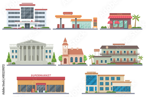 Vector city public buildings set. Hospital, gas station, cafe, bank, church, motel, supermarket, school. Isolated on white background. Architecture flat illustration. Urban infrastructure. Eps 10