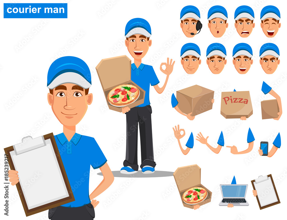 Set of smiling delivery man in blue uniform, construction set with various emotions, body parts and things. Vector illustration on white background. Set of smiling delivery man in blue uniform, construction set with various emotions, body parts and things. Vector illustration on white background.