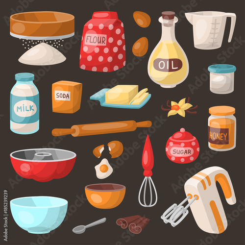 Baking cooking vector ingredients bake making cakes cook pastry prepare kitchen utensils homemade food preparation bakeware illustration bowl, sugar, powder