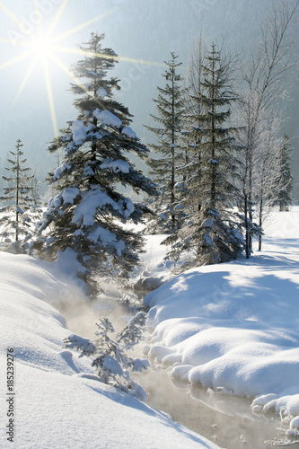 Quelle der Ammer im Graswangtal in Bayern im Winter