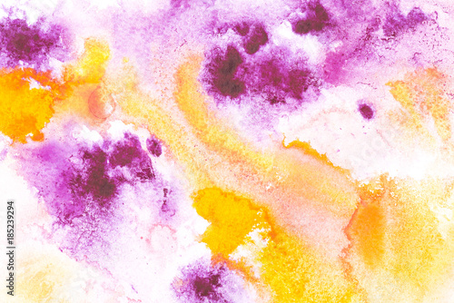 Abstract painting with bright yellow and purple paint blots on white