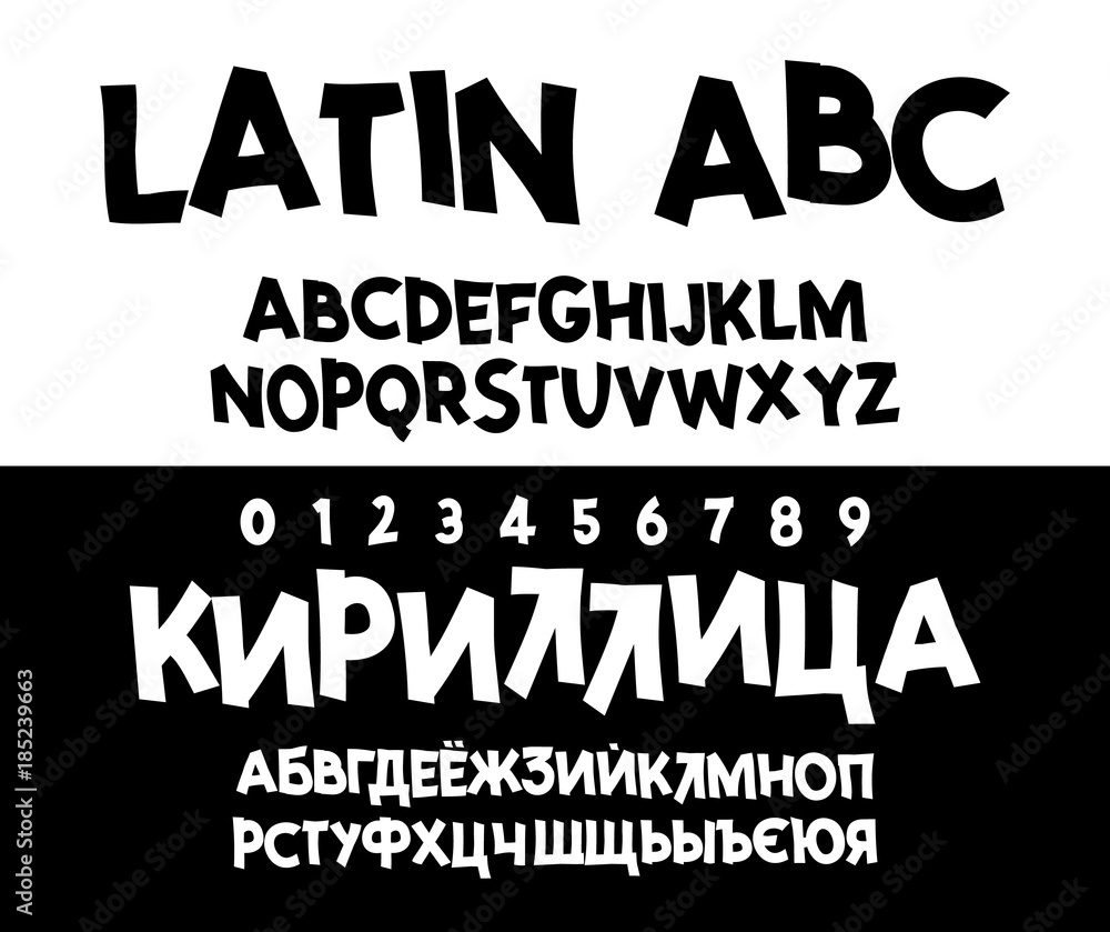 Fototapeta premium Vector Alphabet. Cyrillic and Latin , font. Unique Custom Characters. Hand Lettering for Designs - logos, badges, postcards, posters, prints. Handwriting Typography.
