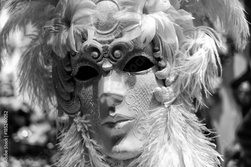 Black and white image of Venice carnival mask
