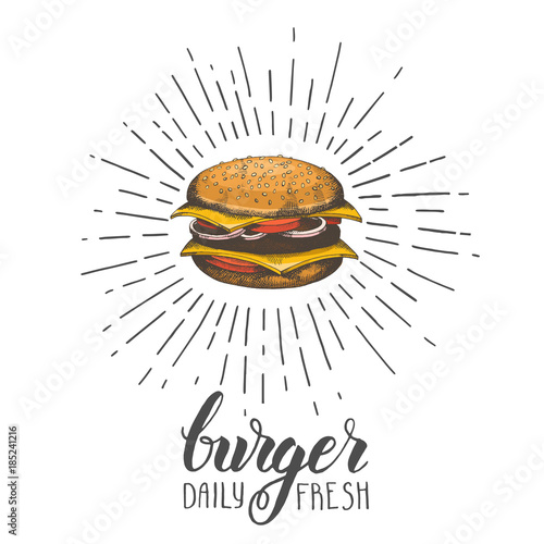 Hand-drawn hamburger isolated on white. Trendy element for fast food menu. Hand made lettring. Vector object. Sketch, engraving