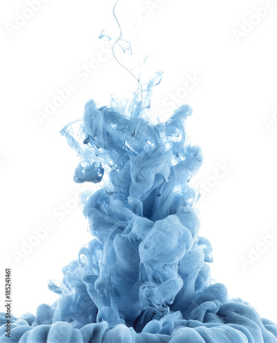 close up view of blue paint splash in water, isolated on white
