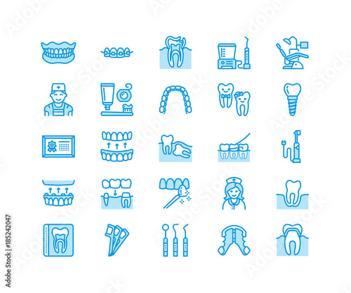 Dentist, orthodontics line icons. Dental equipment, braces, tooth prosthesis, veneers, floss, caries treatment medical elements. Health care thin linear signs for dentistry clinic Pixel perfect 64x64.