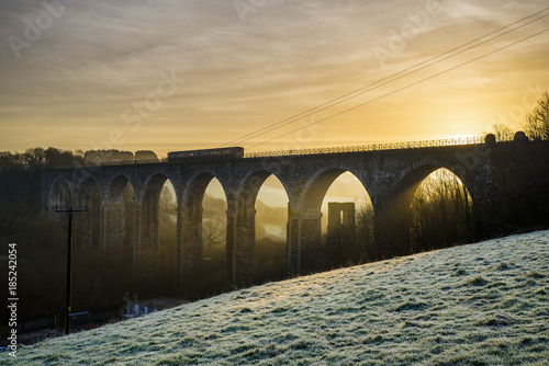 Viaduct on a frosty morning with a beautiful golden sunrise and a train travelling across, moorswater, liskeard. cornwall, uk