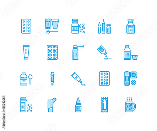 Medicines, dosage forms line icons. Pharmacy medicaments, tablet, capsules, pills, antibiotics, vitamins, painkillers. Medical threatment, health care linear signs for drug store Pixel perfect 64x64