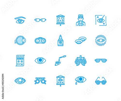 Ophthalmology, eyes health care line icons. Optometry equipment, contact lenses, glasses, blindness. Vision correction thin linear signs for oculist clinic. Pixel perfect 64x64.