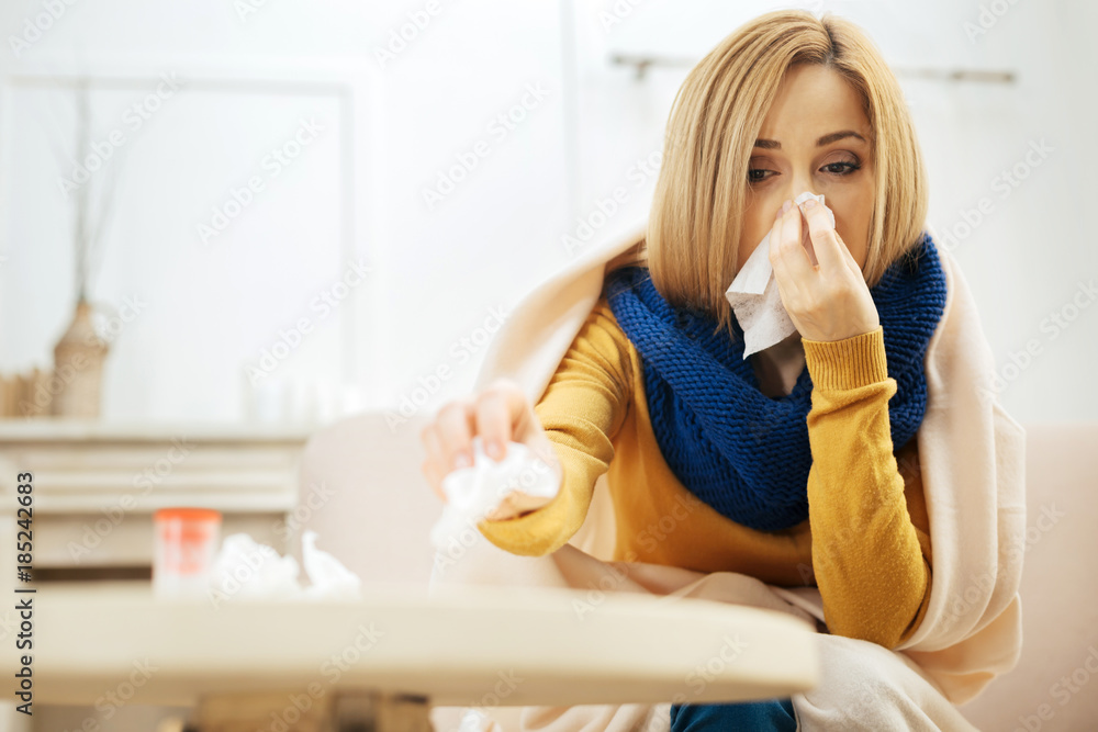 Blocked nose. Ill young blond woman blowing her nose while having a blanket on her shoulders while sitting on the couch and putting used napkins on the table in front of her Blocked nose. Ill young blond woman blowing her nose while having a blanket on her shoulders while sitting on the couch and putting used napkins on the table in front of her