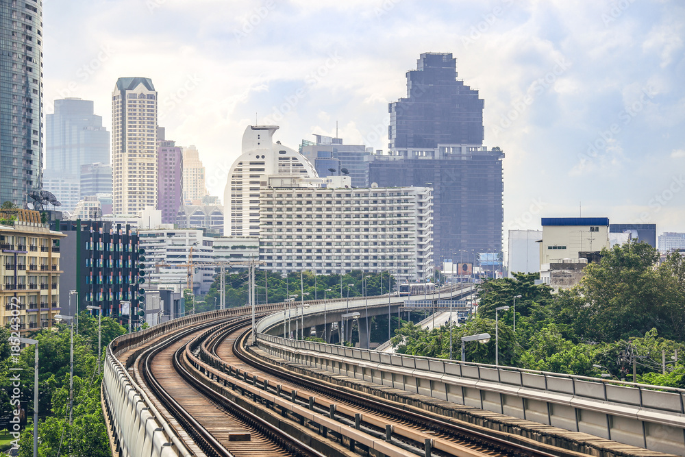Rail of BTS Sky Train is running in downtown of Bangkok.  Sky train is fastest transport mode in Bangkok