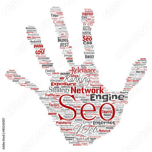 Vector conceptual search results engine optimization top rank seo hand print stamp online internet word cloud text isolated on background. Marketing strategy web page content relevance network concept