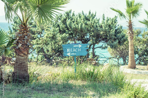 Inscription beach on blue wooden board on palm tree and sea background