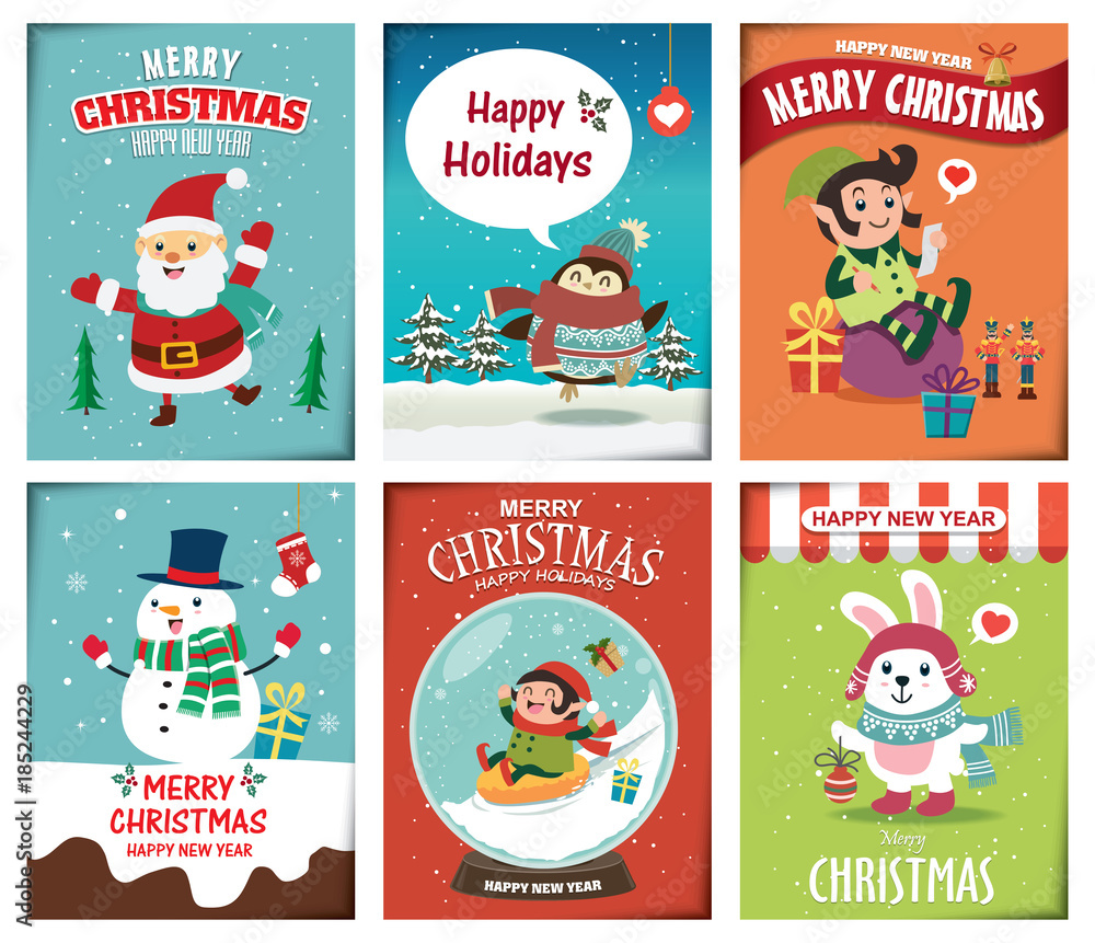 Vintage Christmas poster design with vector Santa Claus, elf, rabbit, penguin characters.