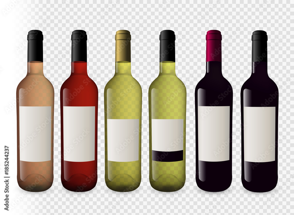 Set illustrations of wine bottles with transparent background. Bottles of red wine, white wine and rosé wine. Plugs of different colors. Model for your designs. Vector illustration. Set illustrations of wine bottles with transparent background. Bottles of red wine, white wine and rosé wine. Plugs of different colors. Model for your designs. Vector illustration.