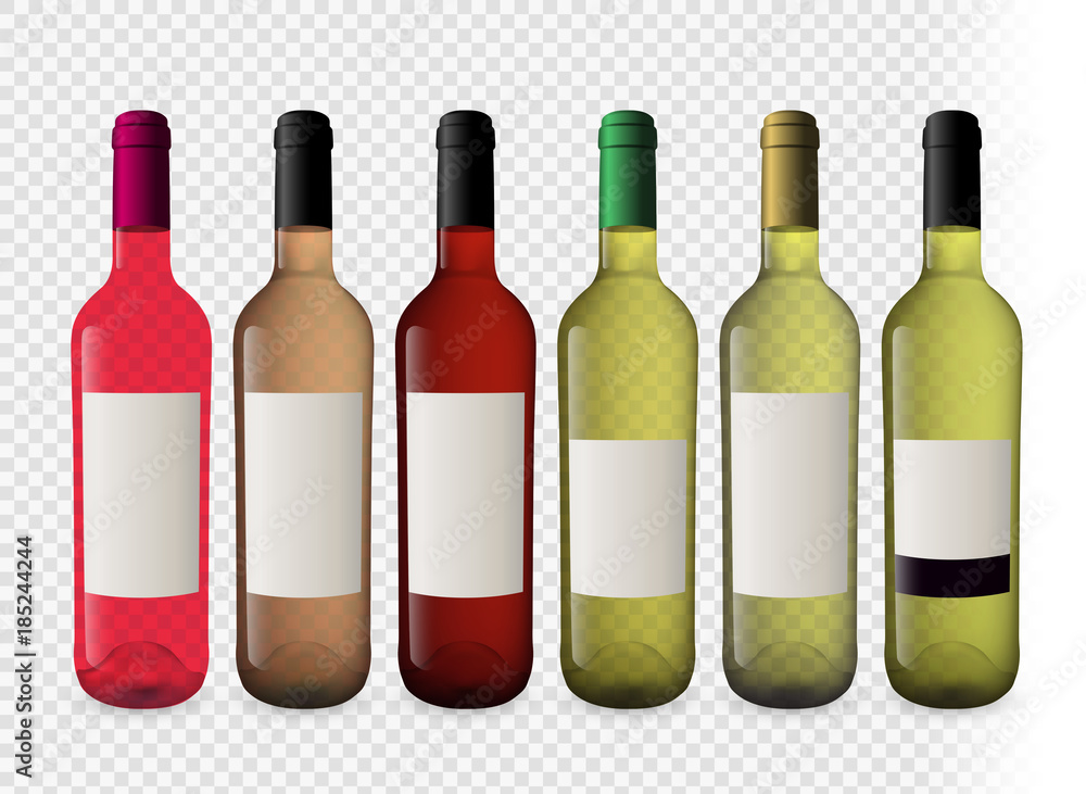 Set illustrations of wine bottles with transparent background. Bottles of white wine and rosé wine. Plugs of different colors. Set illustrations of wine bottles with transparent background. Bottles of white wine and rosé wine. Plugs of different colors.