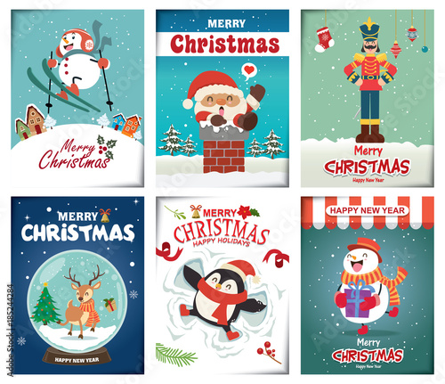 Vintage Christmas poster design with vector Santa Claus, elf, penguin, toy soldier characters.