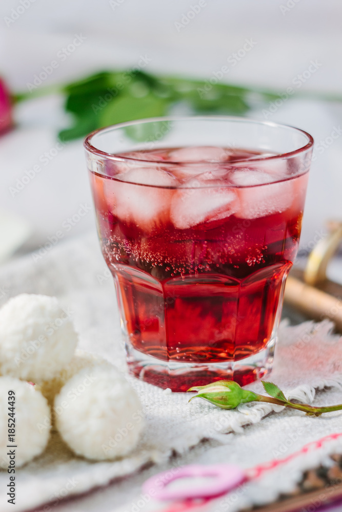 Breakfast in bed - candy and juice with ice. Breakfast in bed - candy and juice with ice.