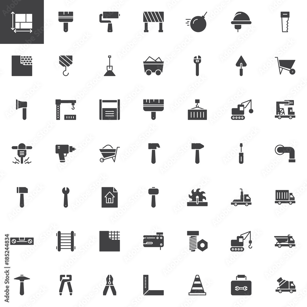 Construction equipment and tools vector icons set, modern solid symbol collection, filled style pictogram pack. Signs, logo illustration. Set includes icons as blueprint, demolition, crane, bulldozer
