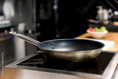 frying pan on electric stove in kitchen