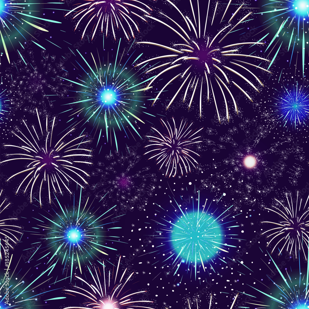 Seamless pattern with spectacular colorful fireworks displayed in dark ...