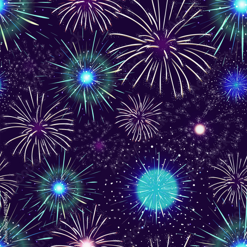 Fotografie Seamless pattern with spectacular colorful fireworks displayed in dark night sky