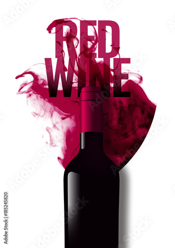 Template with wine bottle illustration and red wine text. Background liquid effect of wine glass. Isolated bottle A4 size. Idea for wine events, magazines or brochures