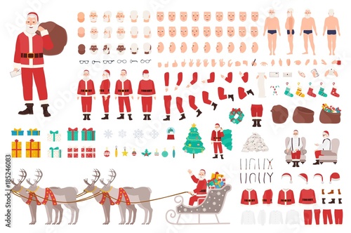 Santa Clause constructor or DIY kit. Collection of Christmas cartoon character body parts, clothes, holiday attributes isolated on white background. Front, side, back view. Vector illustration.