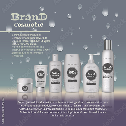 3D realistic cosmetic bottle ads template. Cosmetic brand advertising concept design with water bubbles and waterdrops background