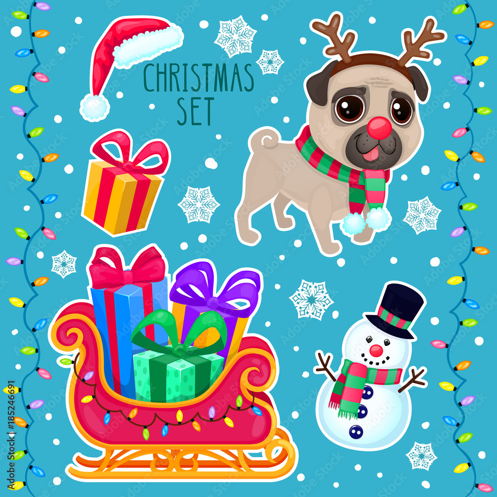 Naklejka premium Vector cartoon Christmas set. Color illustrations with a Christmas dog, snowman, sleigh and gifts. New year set with cute pug.