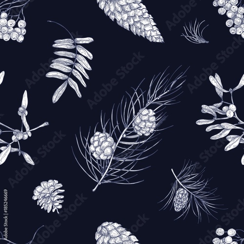 Monochrome seamless pattern with parts of winter plants - mistletoe, branches of coniferous trees, cones, berries and leaves of rowan tree