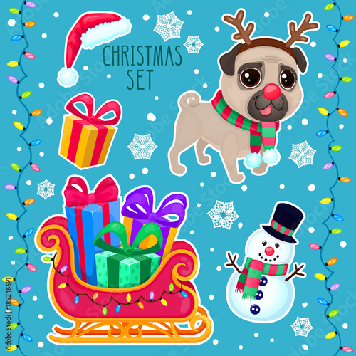 Vector cartoon Christmas set. Color illustrations with a Christmas dog  snowman  sleigh and gifts. New year set with cute pug.