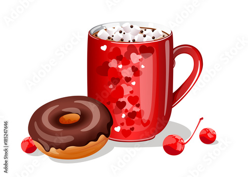 cup of hot chocolate with marshmellow and chocolate donut