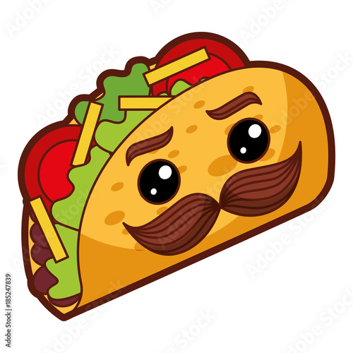 delicious mexican tacos with mustache kawaii vector illustration design