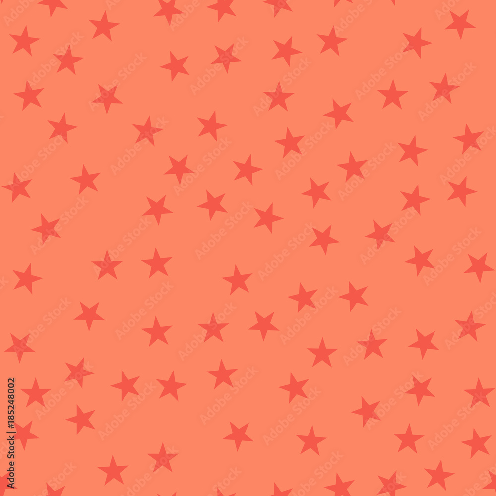 Red stars seamless pattern on coral background. Glamorous endless random scattered red stars festive pattern. Modern creative chaotic decor. Vector abstract illustration. Red stars seamless pattern on coral background. Glamorous endless random scattered red stars festive pattern. Modern creative chaotic decor. Vector abstract illustration.