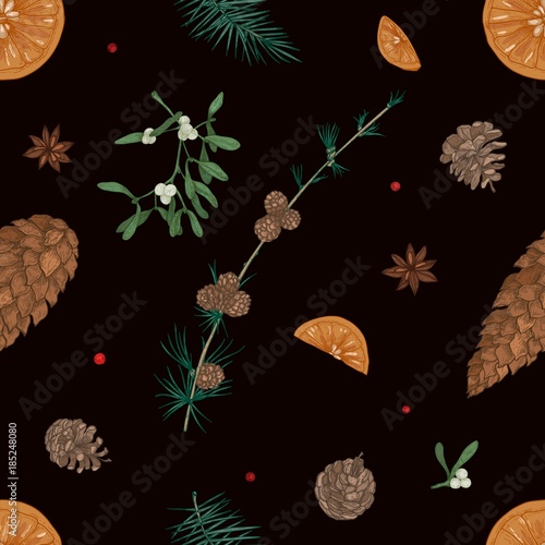 Hand drawn seamless pattern with parts of Christmas plants on black background - mistletoe, branches of coniferous trees, cones, orange slices, star anise