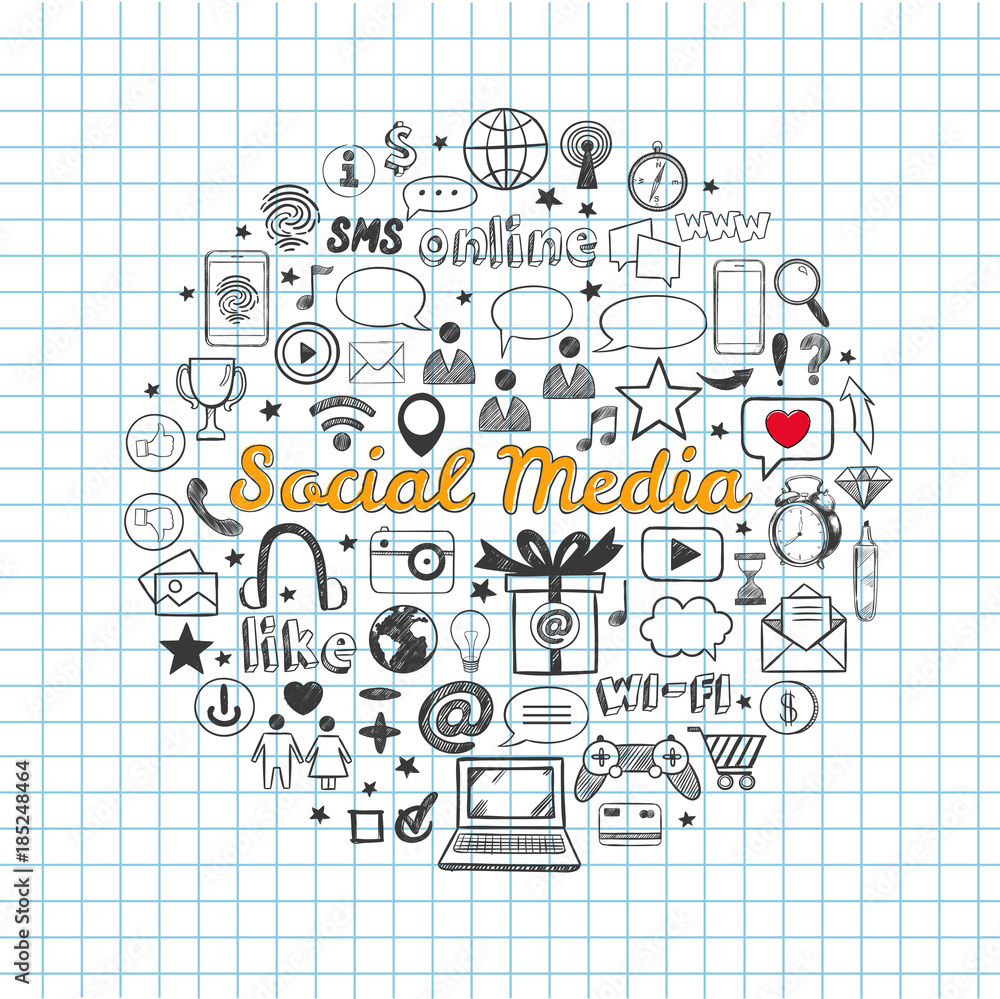Social Media icons set. Vector hand drawn isolated objects. Doodle and sketch style .