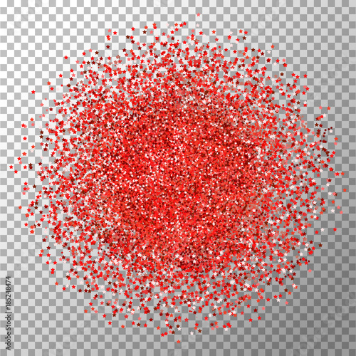 Red sparkles and glittering powder spray. Sparkling glitter particles explosion on vector black transparent background. Red star light shining or luxury fireworks and confetti outburst