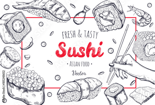 Asian Food poster. Vector Hand drawn illustration, Sushi frame