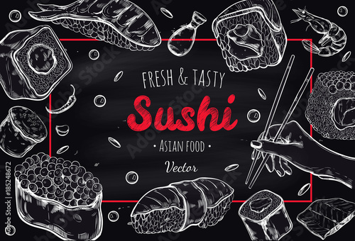 Asian Food poster. Vector Hand drawn illustration, Sushi frame