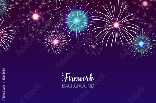 Beautiful background with spectacular fireworks bursting in dark night sky. Backdrop with festive colorful flashing lights. Holiday event celebration, pyrotechnics show. Vector illustration.