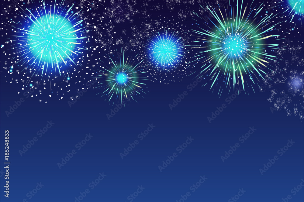 Horizontal blue background with fireworks displaying in dark evening
