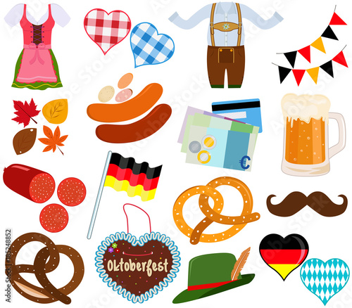 Vector illustration set of cute Oktoberfest Dirndl Lederhosen dress food beverage during party festival on white background