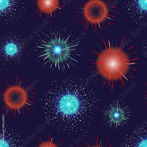 Seamless pattern with festive fireworks displayed in evening sky