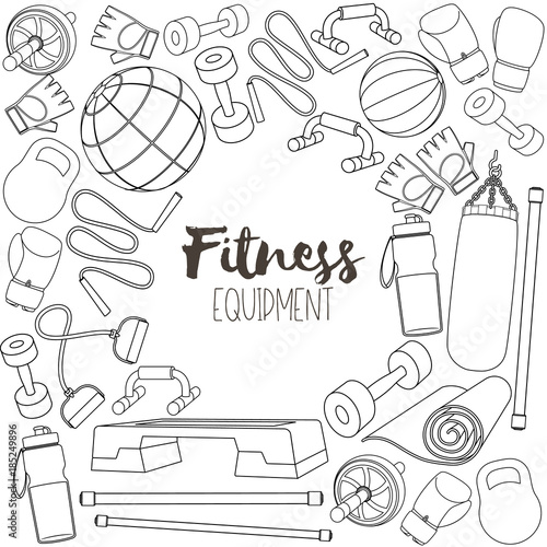 Set of fitness accessories  sketch cartoon illustration of gym equipment for home exercise. Vector