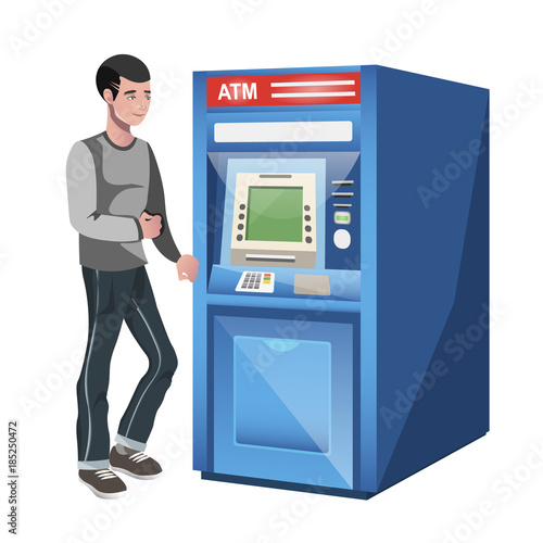 Man standing near atm machine.